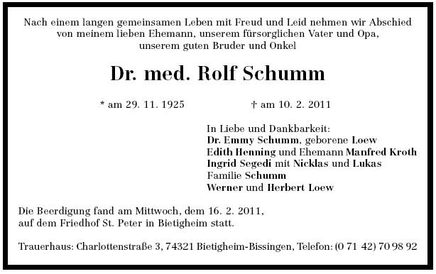 Schumm Rolf 1925-2011 Todesanzeige